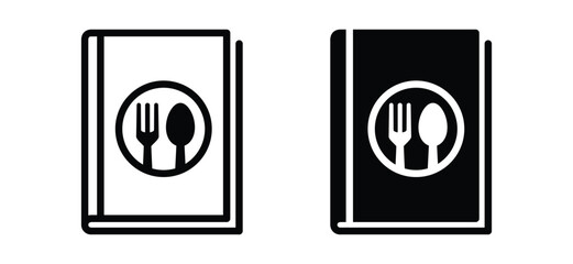 Cookbook icon set. Recipe book icons collection. Spoon and fork symbol in the book. Food recipe book icon vector. Cooking learning book or cooking guide or menu sign, vector illustration