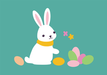 Fototapeta na wymiar cute white easter bunny next to colorful eggs, flowers, pastel colors, green background, minimalist, flat design, vector illustration