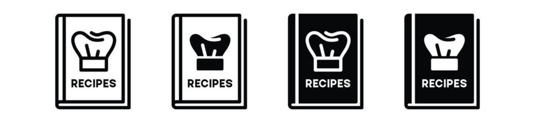 Cookbook icon set. Recipe book icons collection. Chef's hat symbol in the book. Food recipe book icon vector. Cooking learning book or cooking guide or menu sign, vector illustration