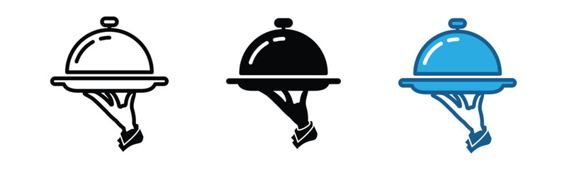 Hand holding tray icon set. Covered plate or plate cover icon. Restaurant waiter, waitress, maid icon symbol in line and flat style. Serving food with cloche. Catering service. vector illustration