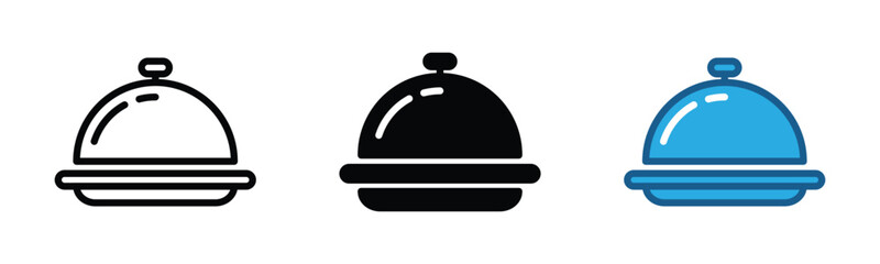 Restaurannt cloche icon set. Covered plate or plate cover icon. Restaurant waiter, waitress, maid icon symbol in line and flat style. Serving food with tray. Catering service. vector illustration