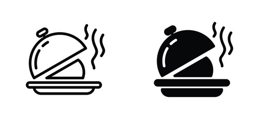 Restaurannt cloche icon set. Covered plate or plate cover icon. Restaurant waiter, waitress, maid icon symbol in line and flat style. Serving food with tray. Catering service. vector illustration