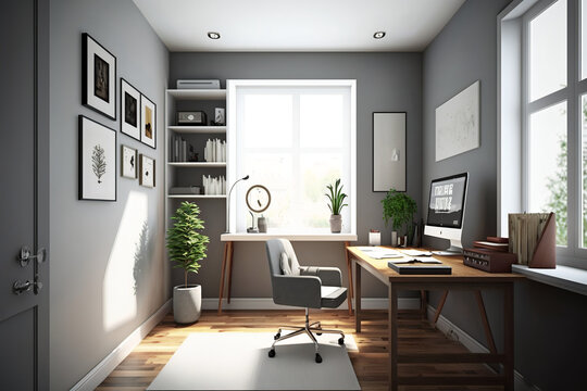 A Warm And Inviting Home Office With Wooden Floors, Gray Walls, And Minimalist Design. A Large Window Provides Natural Light And A View Of The Quiet Street Outside. Generative Ai