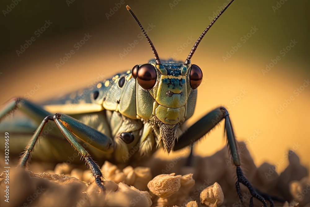 Poster a close up of a grasshopper in the wild. macro. generative ai