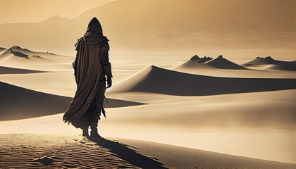 person standing middle desert dark hooded wraith handsome prince persia lonely human walking hot dry fantasy novel cover, generative ai - obrazy, fototapety, plakaty