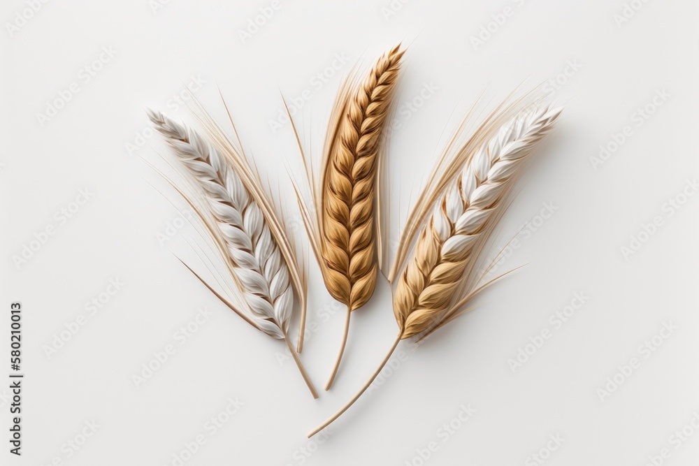 Aufkleber a white backdrop with three individual wheat spikelets. wheats in top view. generative ai