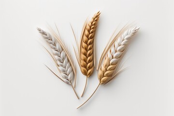 a white backdrop with three individual wheat spikelets. Wheats in top view. Generative AI - obrazy, fototapety, plakaty