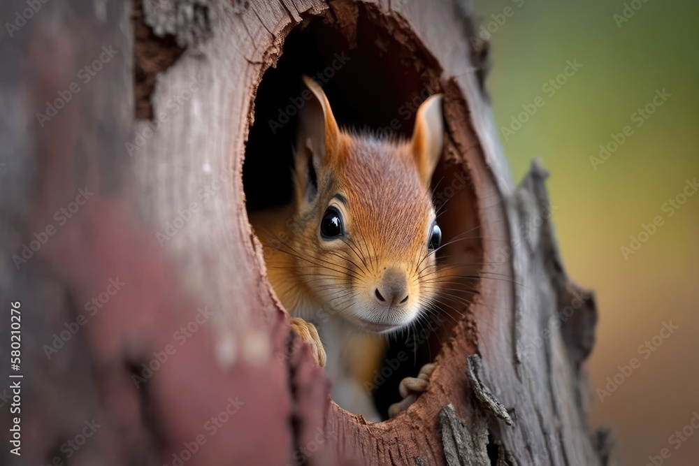 Poster a red squirrel peeks out from behind a tree trunk. generative ai