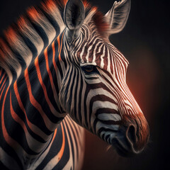Fototapeta na wymiar AI illustration of a red, white and black zebra close up