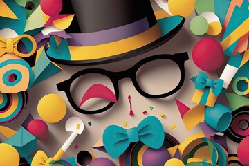 Streamers, confetti, and cartoon faces made from a bow tie, hat, eyeglasses, and lips provide a vibrant carnival or party backdrop. Generative AI