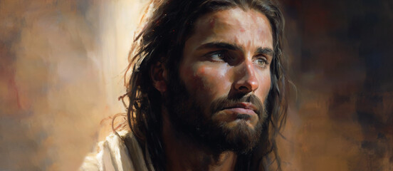 Jesus Christ God, Artistic oil painting to give hope, Religious.  Image created by generative ai. 