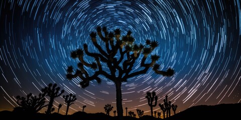 Abstract time lapse night sky with shooting stars over Joshua Tree desert landscape. Milky way glowing lights background.