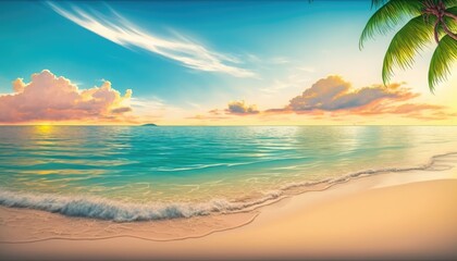 Fototapeta na wymiar Tropical island with beach and palm trees. Sunny ocean vacation landscape. Paradise sunset.