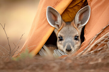 A curious baby kangaroo peering out of its mother's pouch in the Australian outback - Generative AI - obrazy, fototapety, plakaty