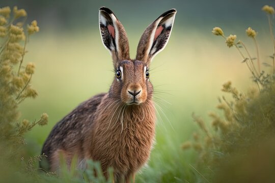 European hare stands in the grass and looks at the camera. Lepus europaeus. Generative AI