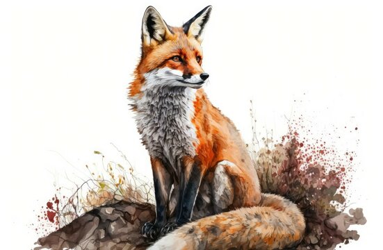 A watercolor picture of a fox. Portrait of a wild, cute red fox sitting. Animal with red fur and black paws that lives in the wild. Wild animal seen from the front. Adorable mammal element. On a white
