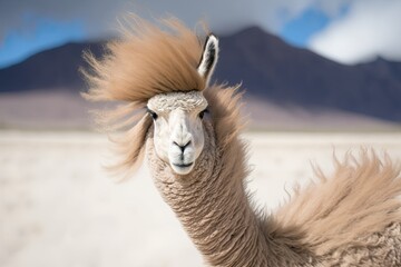 Funny alpaca on a windy day. Camelid from South America. Generative AI