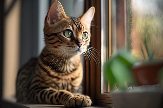 A close up picture of a cute Bengal cat looking at the camera. Cat inside the house, sitting by the window on a cat shelf in a cat's house. Pets idea, pet friendly and pet care idea. Generative AI