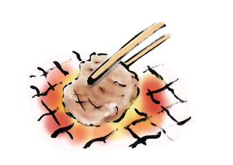 牛タンを焼いているの手描き和風イラスト