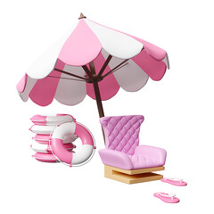 summer sea beach 3d with sofa chair, umbrella, pile of stacked lifebuoy, sandals isolated. summer travel concept, 3d render illustration