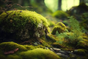 Naklejka na ściany i meble Forest background with moss and plants - Generative AI illustration