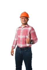 Portrait of handsome chief engineer architect wearing hard hat thumbs up studio photoshoot transparent background,png file.