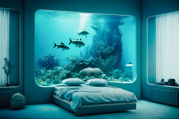 A bedroom designed to look like it's submerged underwater, with a blue color scheme, floating furniture, and fish tank walls - Generative AI