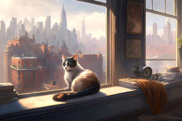 A cat lounging on a windowsill, with a cityscape in the background - Generative AI