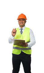 Portrait of a handsome chief engineer wearing a hard hat. Put on a reflective vest. Hold a clipboard and blueprints. transparent background,png file.
