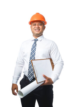 Young engineer or architect standing holding blueprints and clipboard and smiling happy transparent background,png file.