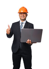 Portrait of a handsome chief engineer wearing a black suit and orange helmet holding a laptop transparent background,png file.