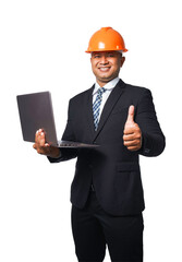 Portrait of a handsome chief engineer wearing a black suit and orange helmet holding a laptop transparent background,png file.