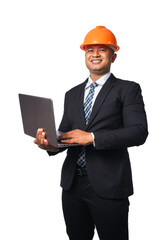Portrait of a handsome chief engineer wearing a black suit and orange helmet holding a laptop transparent background,png file.