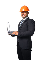 Portrait of a handsome chief engineer wearing a black suit and orange helmet holding a laptop transparent background,png file.