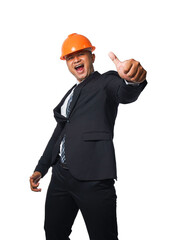 Portrait of a handsome chief engineer wearing a black suit and hard hat clenching his fists in a very happy gesture transparent background,png file.
