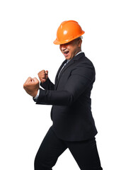 Portrait of a handsome chief engineer wearing a black suit and orange helmet clenching his fists in a very happy gesture isolated transparent background,png file.