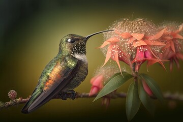 Fototapeta na wymiar Selasphorus flammula, also known as the volcano hummingbird, is a little bird that can only be found in the highlands of Costa Rica and Chiriqui, Panama, where it nests. Moths and flies enjoying the b