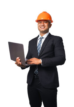 Portrait of a handsome chief engineer wearing a black suit and orange helmet holding a laptop transparent background,png file.