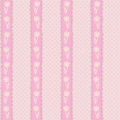 Hand drawn seamless pattern with pink lace stripes with flowers polka dot background. Nursery girly print with vertical lines, shabby chic victorian retro vintage style, cute romantic print wall