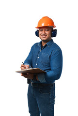 The young engineer wears a helmet and earmuffs, and wears a long-sleeved shirt and trousers. Standing on the clipboard, taking notes and smiling happily. transparent background,png file.