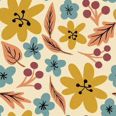 Hand drawn seamless pattern with floral flowers in yellow mustard, beige blue. Red berries, orange leaves, retro vintage 60s 50s style, mid century modern print for textile wrapping paper. Bold