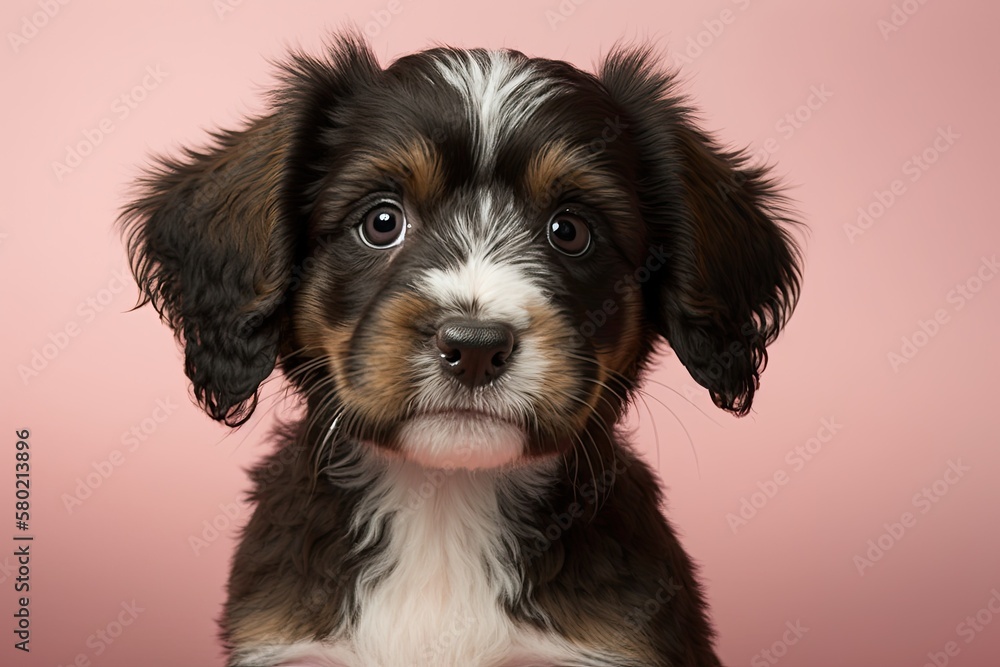 Aufkleber puppy at a fair looking at the camera while standing against a pink backdrop. generative ai