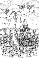 カタツムリ城と妖精の森・ペン画