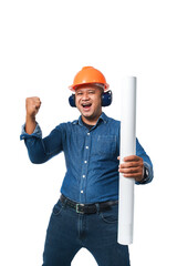 Young engineer standing holding helmet, blueprint and wearing ear muff wearing long sleeves and...