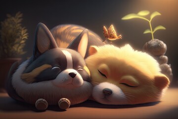 Illustration of a cartoon symbol showing a cute puppy and cat sleeping together. notion of an animal in nature isol. Generative AI
