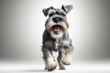 Schnauzer dog is happy, cute, and funny. It is standing on a white background. Generative AI