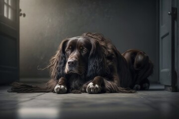 A dark brown dog with long hair is relaxing on the concrete floor near the house. Generative AI