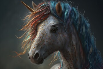 Obraz na płótnie Canvas Pretty image of a young unicorn with a rainbow colored mane and a lovely smile. Drawing by hand for your design. Generative AI