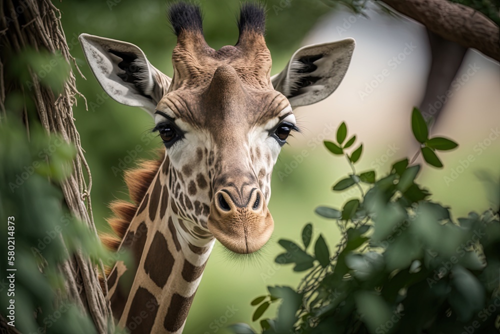 Poster close-up with a narrow depth of field of a giraffe amongst some trees in green. generative ai