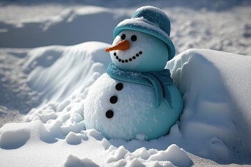 Obraz premium new toys for Christmas Up close, a snowman with a blue cap is seen sitting on the ground in a snowdrift. Generative AI